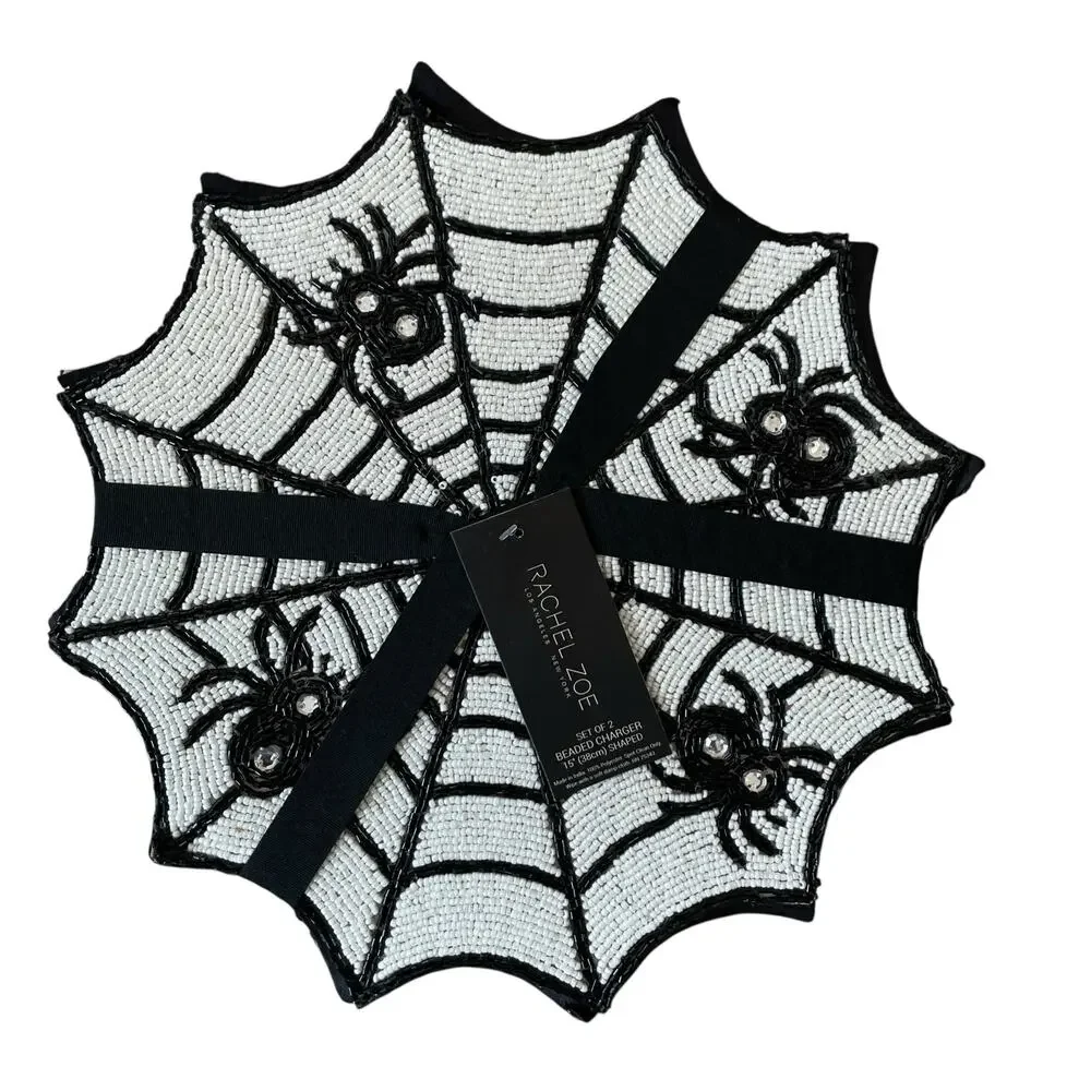 2pc Rachel Zoe Halloween Spider Web Beaded Placemat Charger 15in Black & White